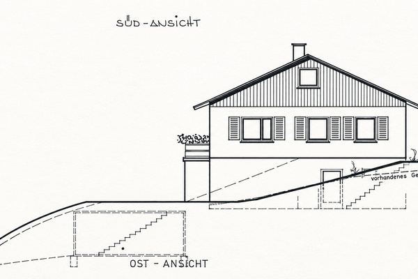 Historische Bauzeichnung � Darstellung des Bestandsgeb�udes und des Gel�ndeverlaufs.